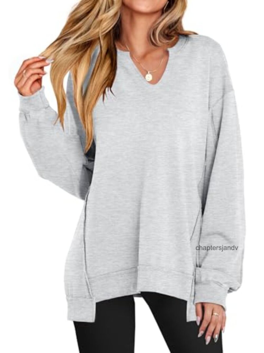 Oversized V-Neck Sweatshirt Patchwork High-Low Pullover Casual